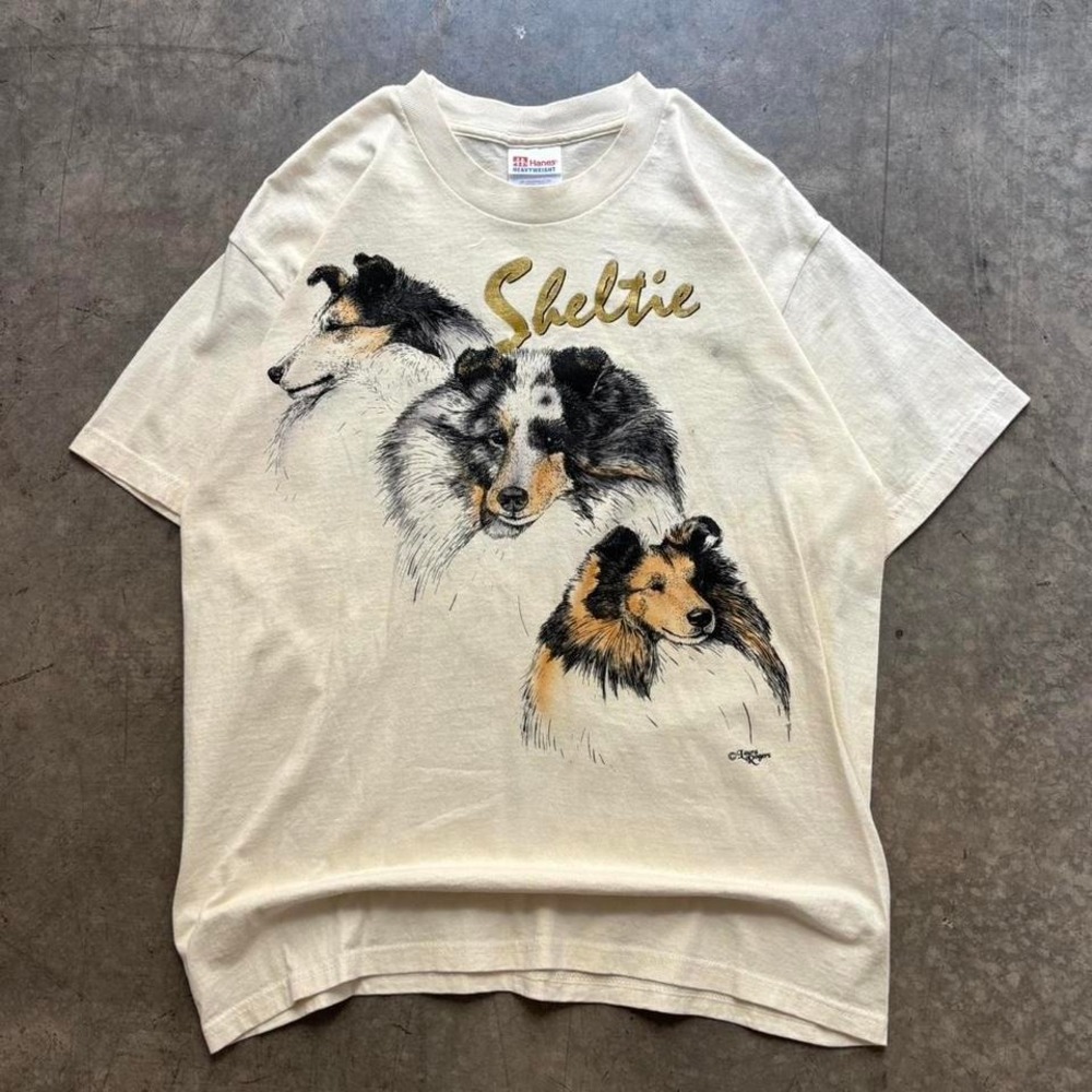 Vintage 90's Creme Sheltie Dog Art T Shirt Size L